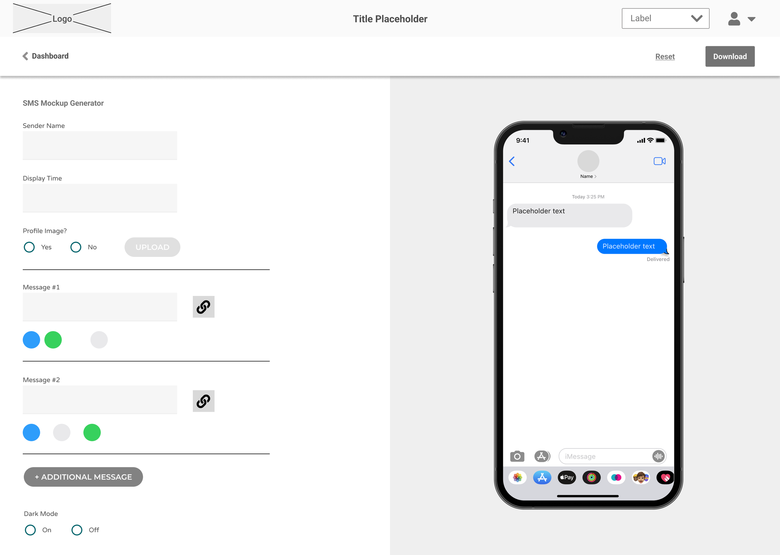 Lo-fi wireframe of the SMS mockup generator