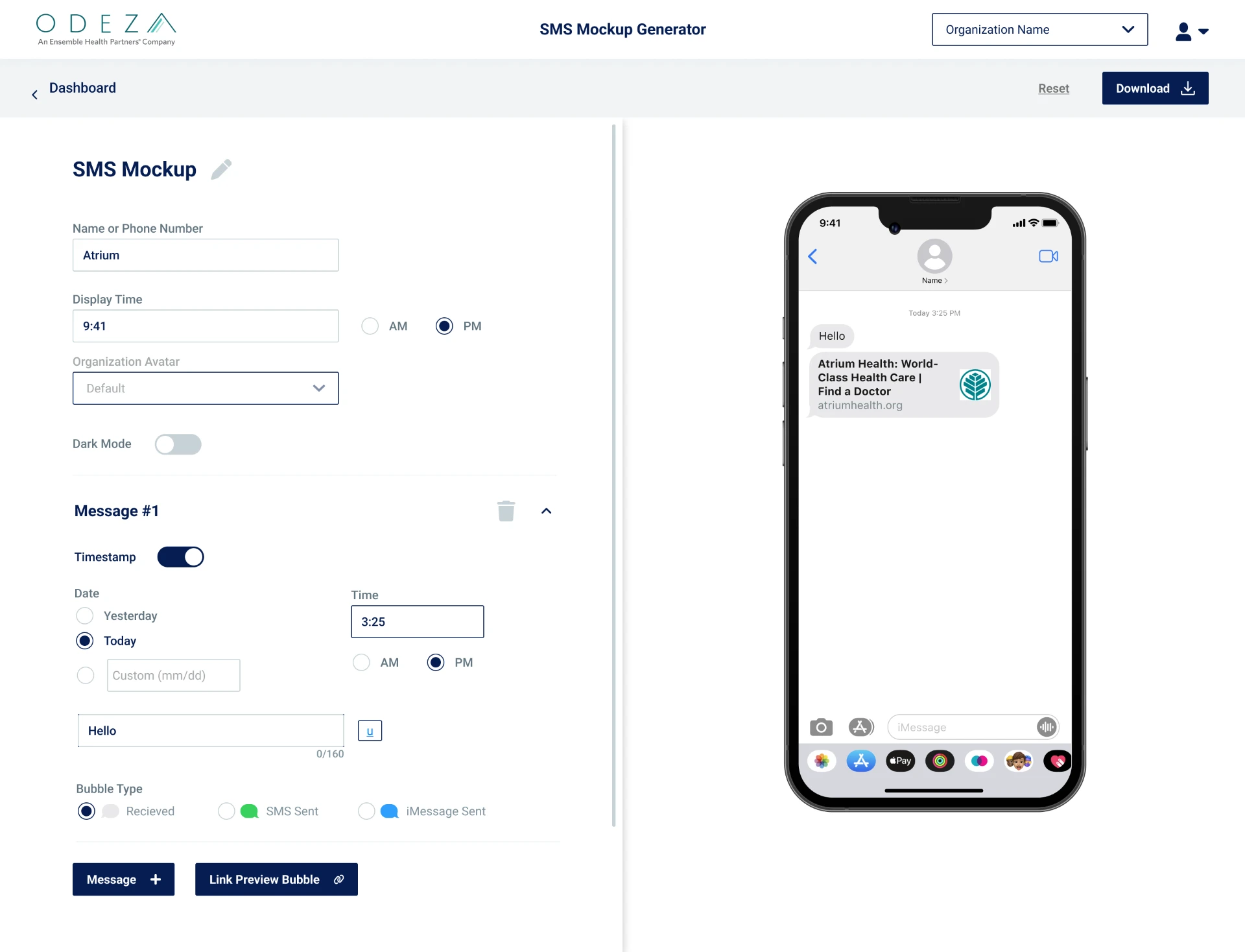 SMS mockup generator dashboard showing message configuration and live preview