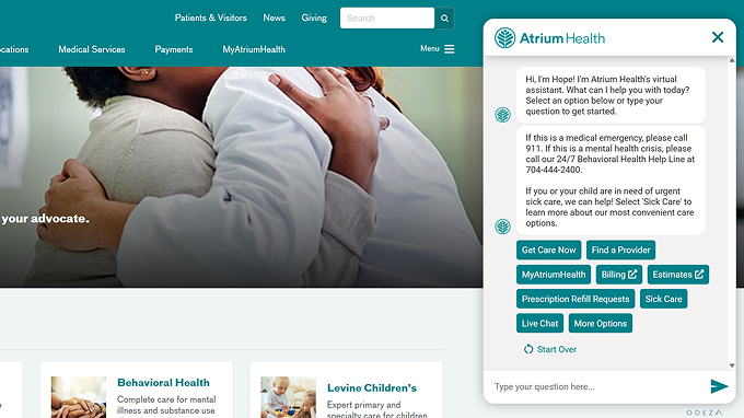 Atrium Health virtual assistant chat interface