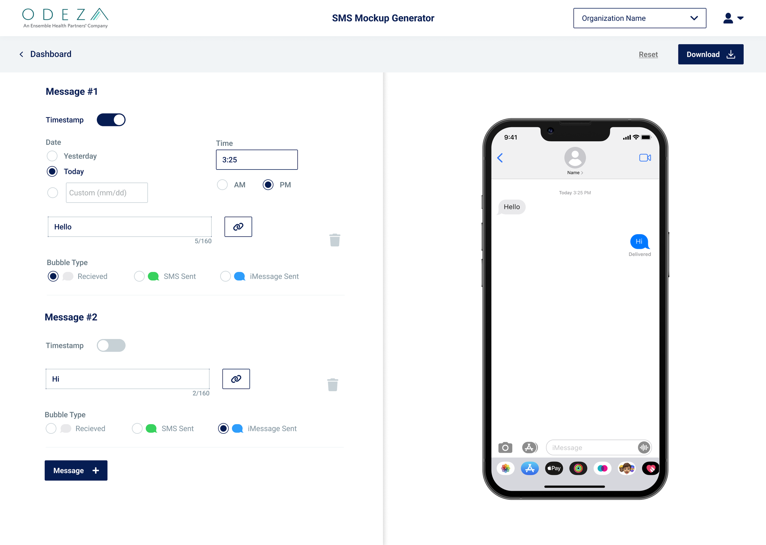 SMS mockup generator message configuration screen